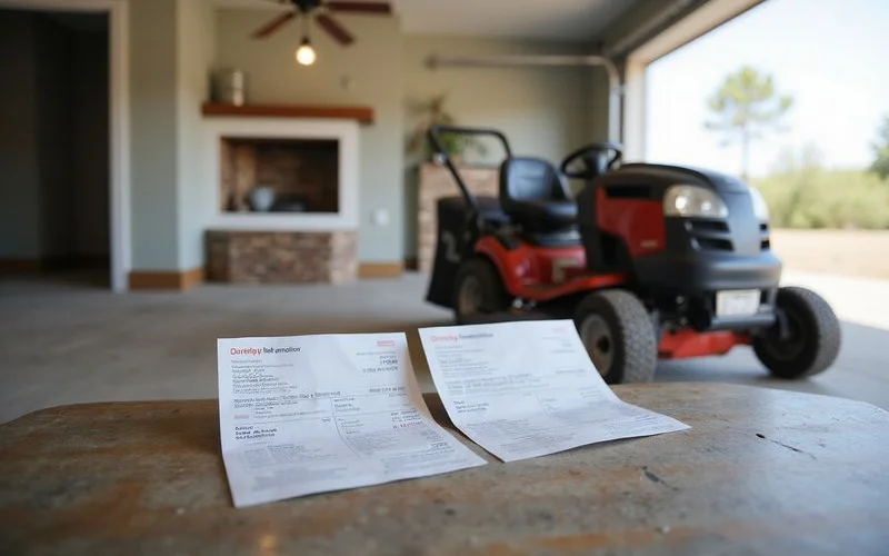 Two utility bills side by side on a garage workbench in a new rental house with a lawn mower behind
