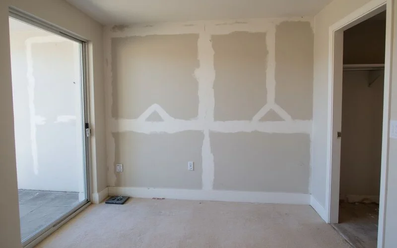 Unfinished apartment interior with drywall and outlet covers off