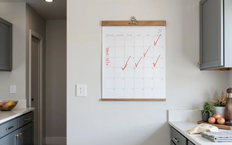 Wall calendar with weeks crossed out on a kitchen wall