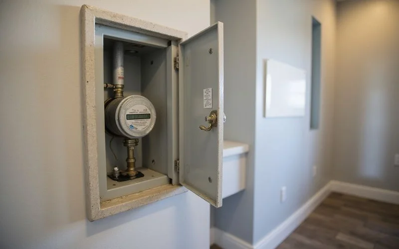 Water meter closet in a new apartment hallway, utility panel door open