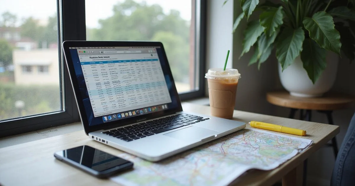 Laptop showing a spreadsheet next to a printed map and highlighter on a desk by a window