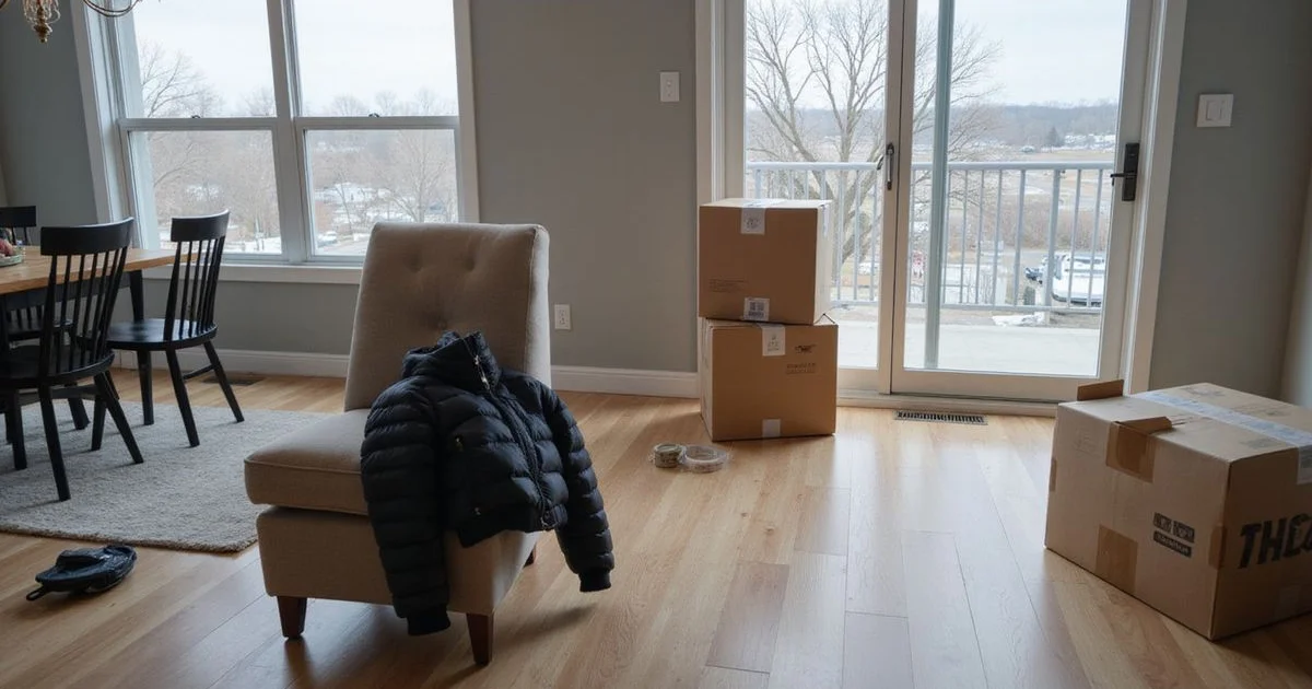 Moving boxes in a new apartment on an overcast winter afternoon in Houston, jacket on a chair
