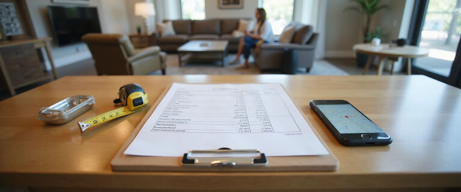 Leasing desk in a newly finished Houston apartment lobby with a fee sheet and clipboard
