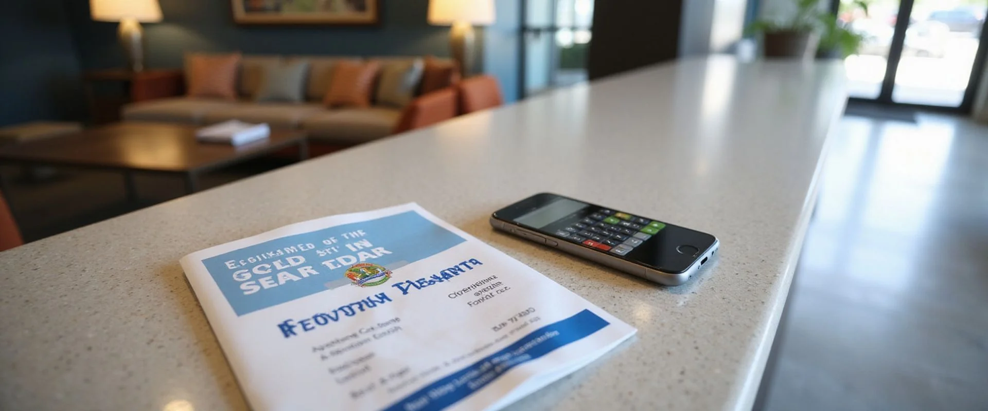 Move-in special flyer and phone calculator on a new apartment lobby counter
