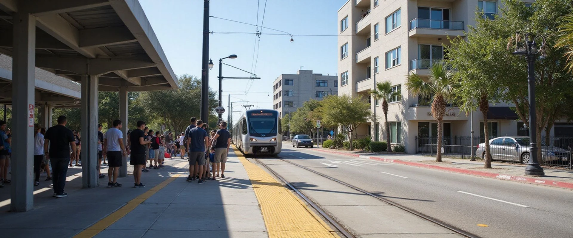 Light rail train arriving at a platform near new apartment buildings