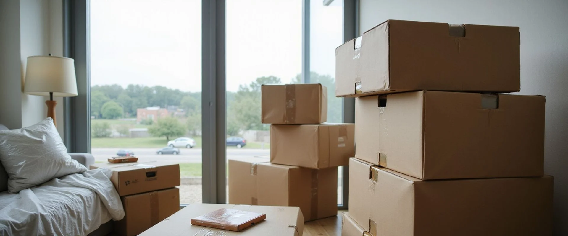 Moving boxes in a newly built Houston apartment living room
