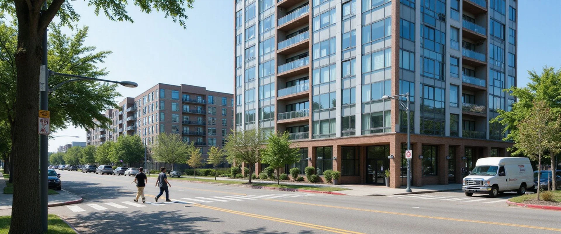New high-rise apartment tower next to a mid-rise block