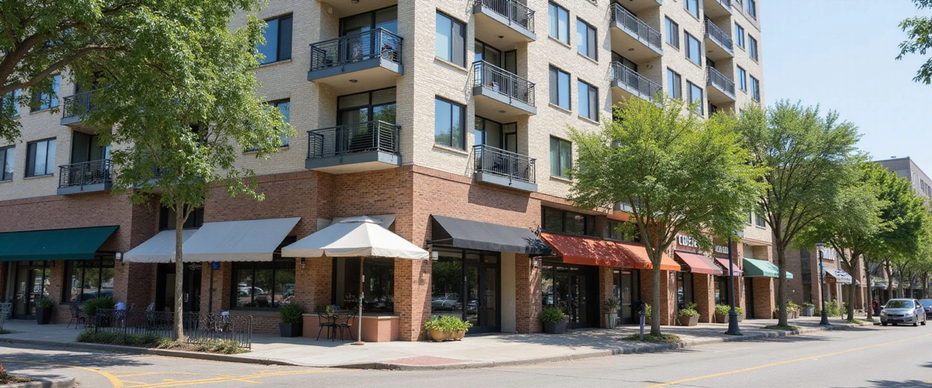 New mid-rise apartment building on a tree-lined Heights street