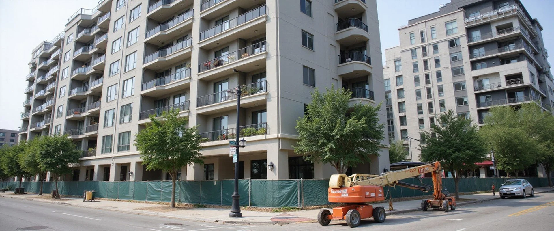 New apartment building with one finished wing and one wing still under construction