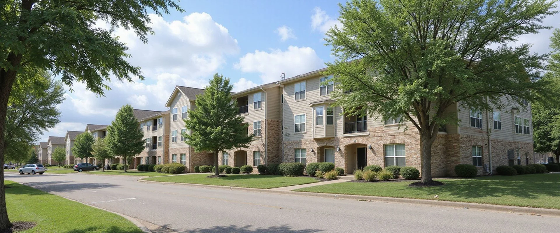 New garden-style apartment buildings along a suburban Katy road