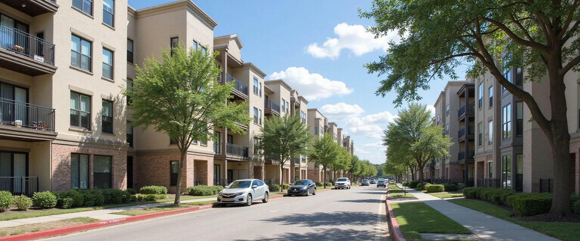 Newly built mid-rise apartment buildings along a Houston-area street