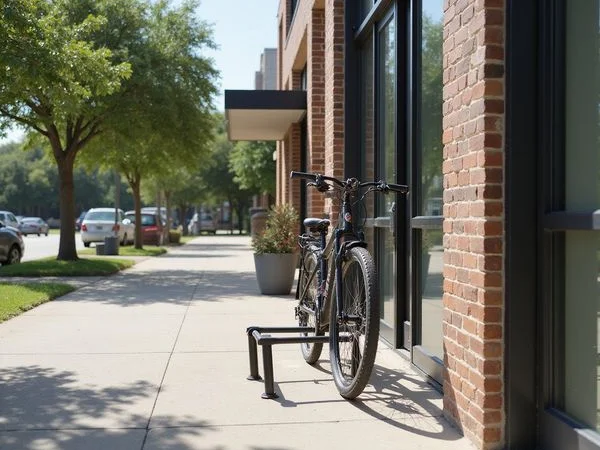 Bike locked to a rack outside a new apartment entrance
