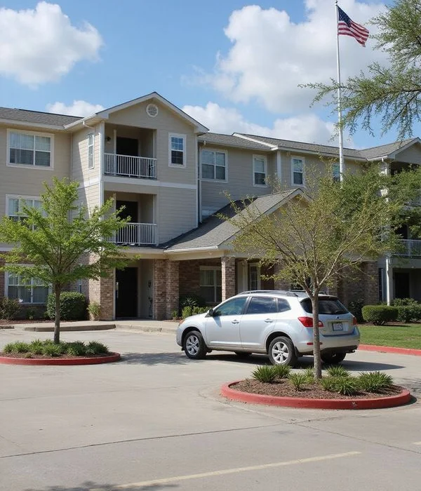 Car parked outside a new garden-style apartment community before tours