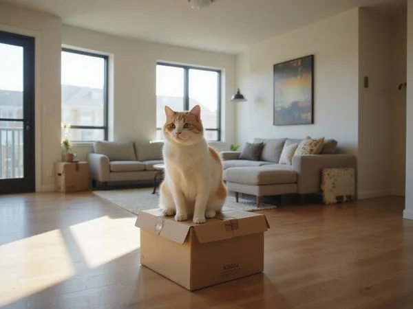 Cat sitting on a moving box in a new apartment