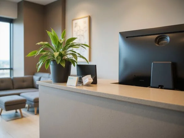Concierge desk in a new apartment tower lobby