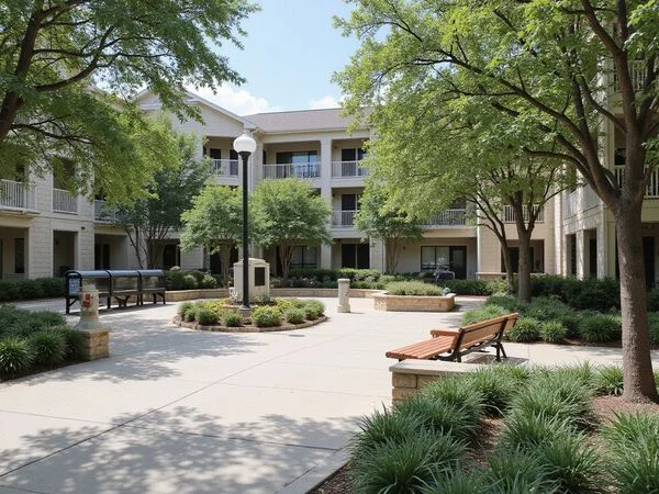 Courtyard and mailbox kiosk at a new apartment community
