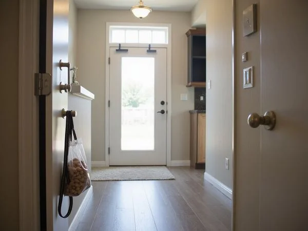 Dog leash and treats by an apartment door