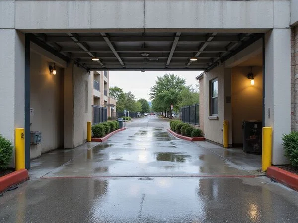 Elevated parking garage entrance after rain