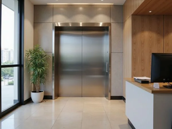 Elevator bank in a new high-rise lobby
