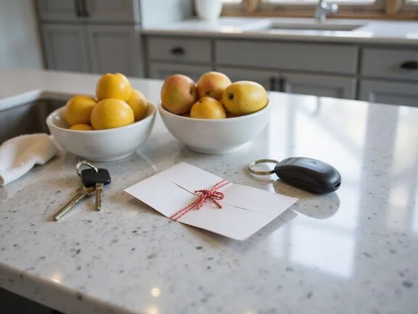 Gift card envelope next to apartment keys