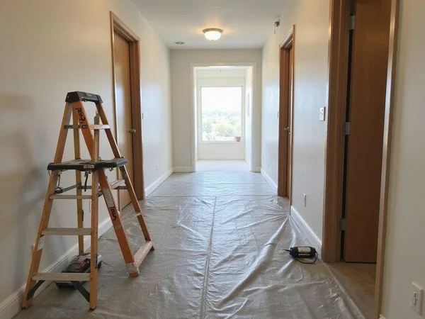 New apartment hallway with protective floor covering