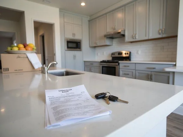 Kitchen of a new rental house with a utility bill on the island