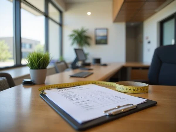 Leasing desk with a printed fee sheet in a new apartment lobby