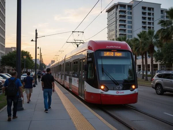 Light rail train at an evening platform