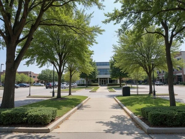 Office campus parking lot on a weekday morning