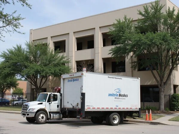 Moving truck parked outside a building under construction
