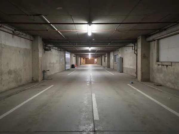 Parking garage ramp at dawn near a hospital district