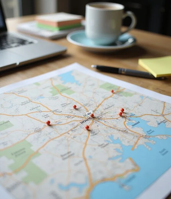Printed map of Houston suburbs with highlighted locations on a desk
