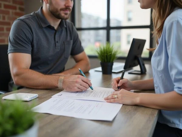 Renter signing a one-page notice at a leasing desk