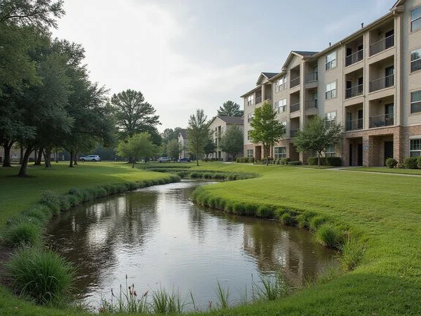 Retention pond beside a new suburban apartment community