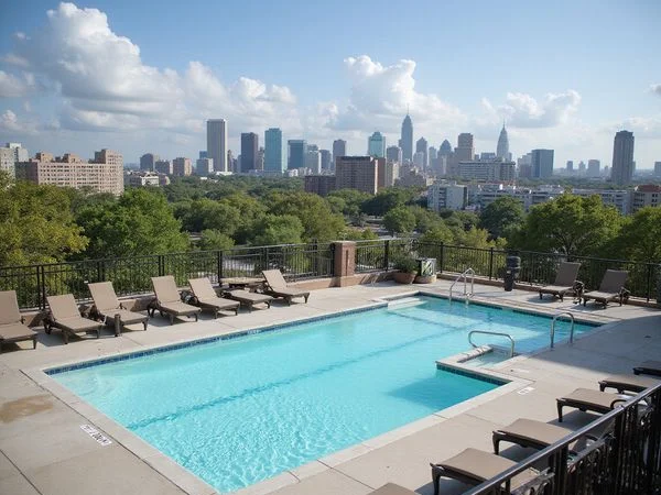 Rooftop pool deck of a new apartment tower