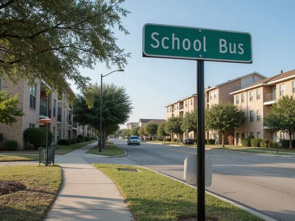 School bus stop sign near new apartments