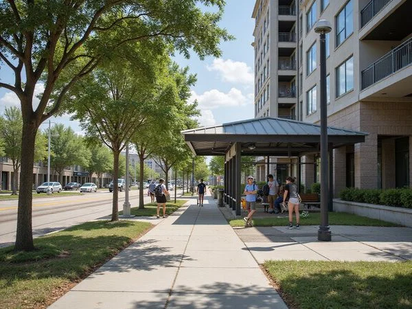 Sidewalk from a new apartment building to a rail stop