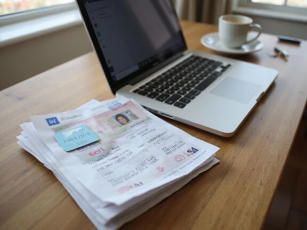 Bank statements face down beside a laptop
