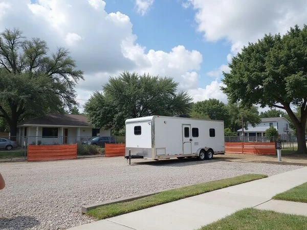 Leasing trailer beside an apartment construction site