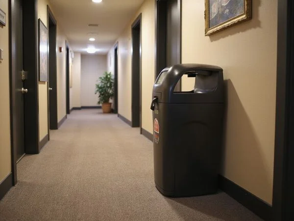 Valet trash bin outside an apartment door